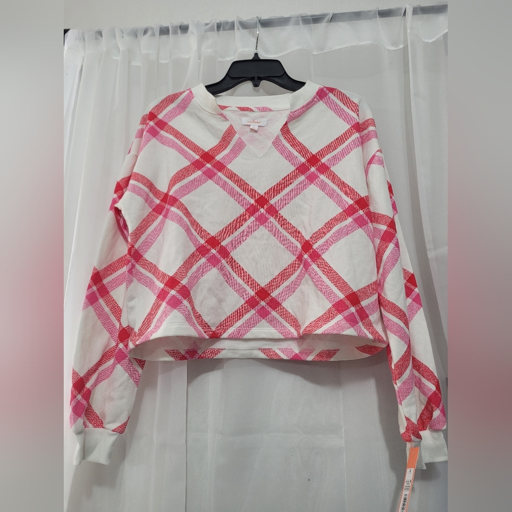 Colsie Red Cream Plaid Lounge Sweatshirt Womens Small V-Neck Long Sleeve Pullove